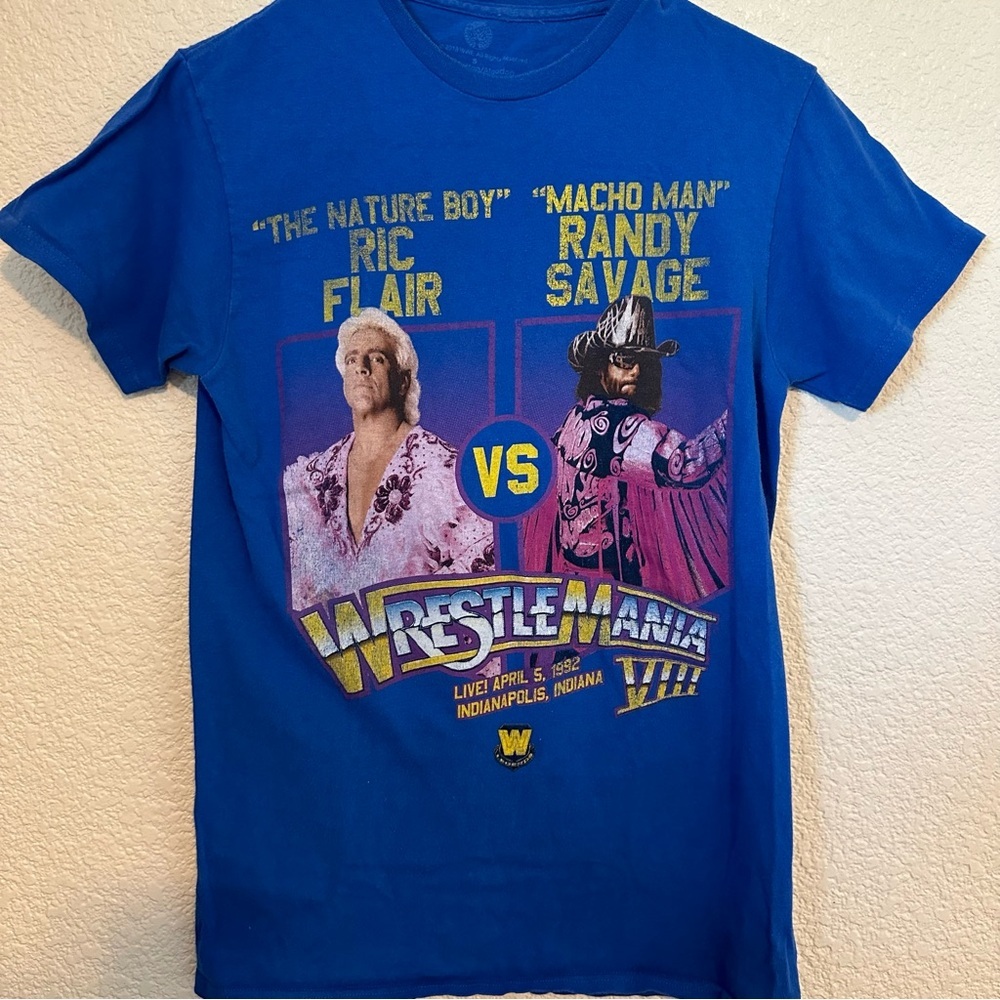RIC FLAIR and RANDY SAVAGE LIVE 1992 EVENT Blue Adult Graphic Tshirt Size Small